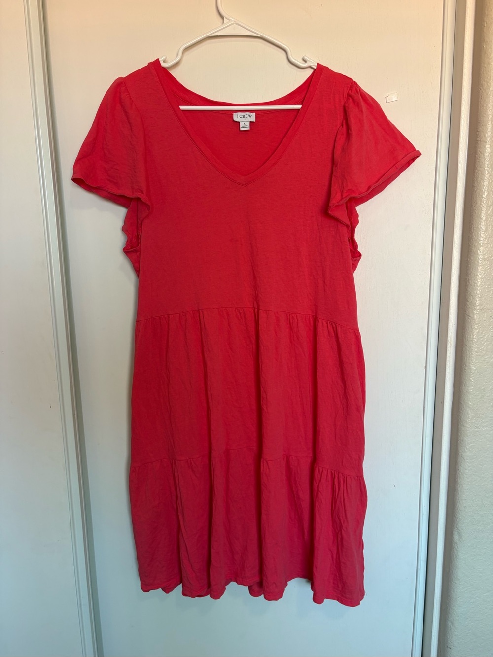 J Crew L Tiered Maxi Dress Coral Flutter Sleeve Boho Euro Summer Coastal Resort